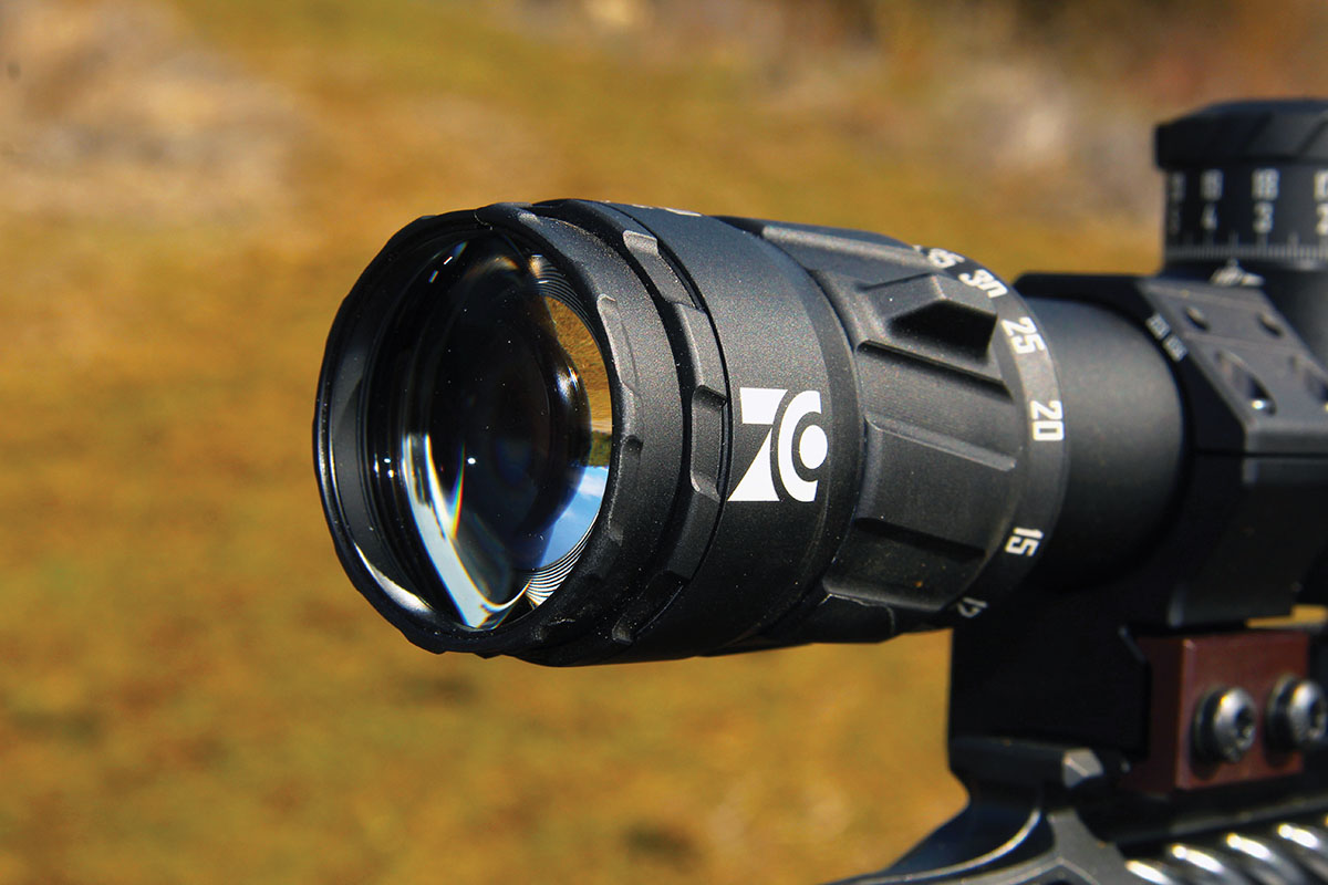 The eye box or ocular lens is much larger than most long-range riflescopes, making eye placement behind the scope less critical, an especially welcomed component when shooting from awkward positions.